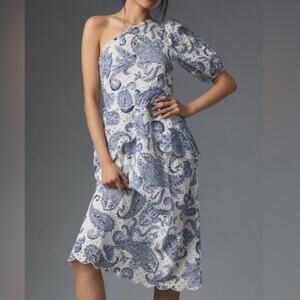 Farm Rio Anthro Women’s One Shoulder Eyelet Lace Blue White Paisley Midi Dress